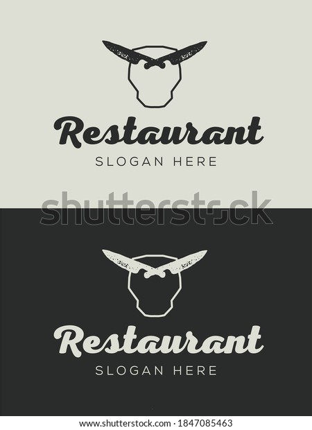Butcher logo design. Logo bull. Butcher\'s shop logo\
with knives and bull\
head.