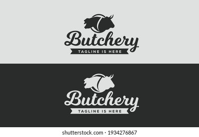 Diseño del logo del carnicero. Logo de la tienda del carnicero con cabeza de toro y cerdo. Plantilla de logotipo para la industria de la carne: tienda, mercado, restaurante o diseño gráfico. Cerdo, cerdo. Vaca, carne.