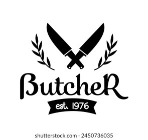 Logotipo del carnicero. Icono de tipografía de carnicería. Elemento de diseño de Vector de tienda de carnicería. Ilustración vectorial con cuchillo de carne. Plantilla del logo del Carnicero. Tienda de carne fresca. Logotipo de Antiguas Kitchen.