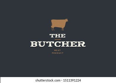 Butcher logo with silhouette of cow. Template of emblem of Meat Shop on dark background. Vector image.