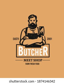 Butcher logo with text. Man with beard and large knife. Template of emblem for grill restaurant, menu of steak house, for packaging markets and shops