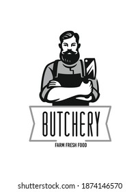 Butcher logo with text. Man with beard and large knife