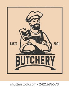 Butcher logo with text. Man with beard and large knife