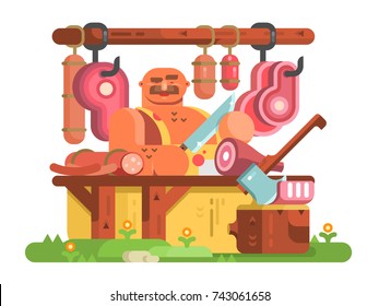 Butcher man cuts meat and sausage. Fresh and raw beef, work butchery profession person. Vector illustration