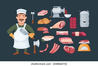 Metzgermann mit Küchenzubehör zum Schneiden und Fleisch frischen Steaks. Fleischwolf, Messer, Hammer, Schläger. Würstchen, Cervelat, Fleischsteak, Salami, Speck, gebratene Hühnercartoon, Vektorgrafik von Huhn