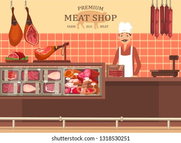 Butcher Man At Meat Store Showcase With Ham