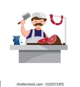 butcher man in butcher shop, kitchen, butchery, meat & sausage, flat style vector illustration