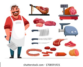 Butcher man in uniform, different kinds of meat delicatessen and kitchen accessories for cutting. Set isolated on white. Meat-grinder, pruner, knives. Ham, salami slices, sausages. Vector illustration