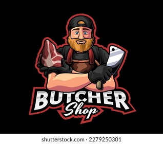 Butcher Mascot Logo Design. Vector illustration of a butcher with pieces of meat and a knife in his hand