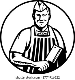 Butcher With Meat Cleaver Knife Front View in Circle Woodcut Black and White