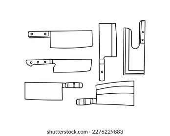 contorno de icono de conjunto de limpiadores de carne de carnicero. icono de contorno del limpiador. Icono de la línea de cuchillo de Cleaver. signo de estilo lineal para concepto móvil y diseño web. aislado de fondo blanco.