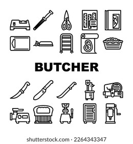 image vectorielle ensemble d'icônes de boucherie boucherie de viande de boucherie. restaurant vintage, porc retro, atelier de découpe, steak au couteau, menu de ferme, étiquette de vache, cuisine boucher viande nourriture boucherie illustrations de contour noir
