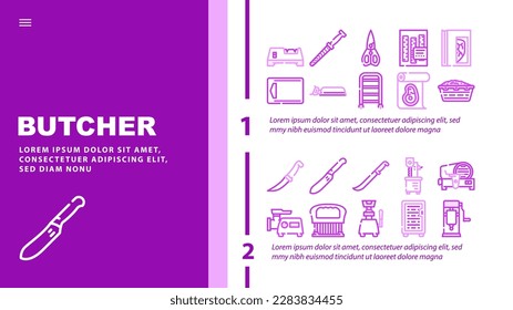 butcher meat food beef butchery landing web page header vector. restaurant vintage, pork retro, cut shop, knife steak, farm menu, cow label, kitchen butcher meat food beef butchery color illustrations