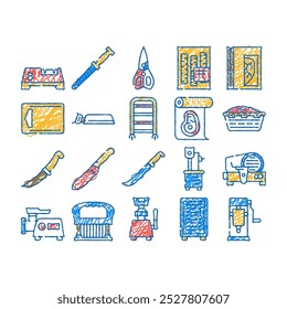 butcher meat food beef butchery doodle icons set vector. sketch line art restaurant vintage, pork retro, cut shop, knife steak, farm menu, cow label, kitchen butcher meat butchery color illustrations