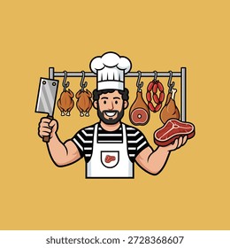 Butcher with meat icon flat vector design.