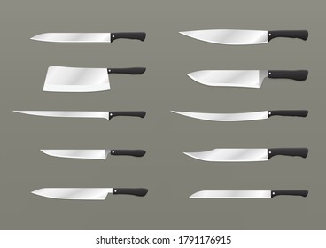 Butcher meat knives set. Realistic kitchen knives isolated. Vector illustration