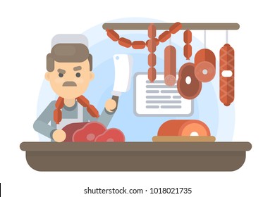 Butcher with meat in the local shop.