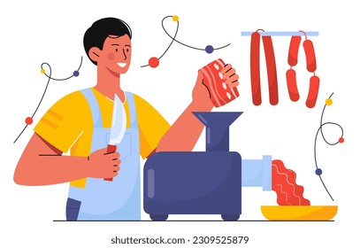 Butcher with meat. Man in apron near meat grinder makes minced meat and meat products. Young guy in kitchen with ingredients. Banner or landing page. Cartoon flat vector illustration