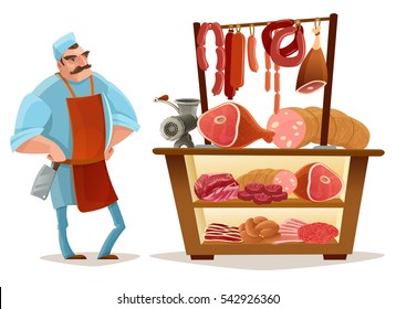 Butcher And Meat Market Cartoon Concept With Sausages Isolated Vector Illustration 