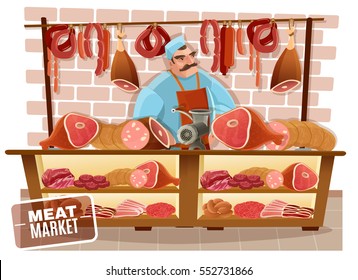 Butcher And Meat Market With Sausages Beef And Bacon Cartoon Vector Illustration 