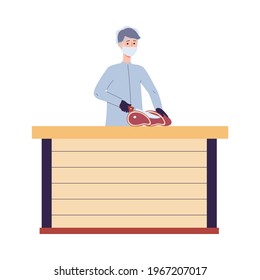 Butcher or meat processing plant worker cutting a piece of meat, flat vector illustration isolated on white background. Meat industry employee cartoon character.