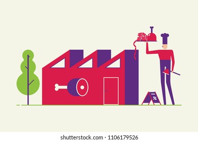 Butcher with meat products and axe next to butchery shop building sale and the tree minimal abstract flat style design vector illustration isolated on white background