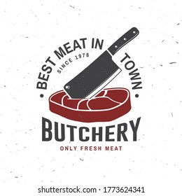 Butcher meat shop Badge or Label with Steak and kitchen knife. Vector. Vintage typography logo design with steak, kitchen knife silhouette. Elements on the theme of the meat shop, market, restaurant