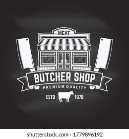 Butcher meat shop Badge or Label with meat store kitchen knife. Vector . Vintage typography logo design with kitchen knife silhouette. Elements on the theme of the meat shop, market, restaurant