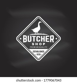 Butcher meat shop with goose Badge or Label. Vector illustration. Vintage typography logo design with goose silhouette. Elements on the theme of the chicken meat shop, market, restaurant business.