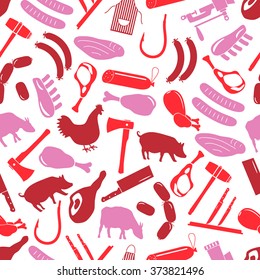 butcher and meat shop icons seamless red pattern eps10