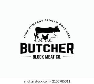 Diseño del logo de la tienda de carne de carnicero. Arte vector con logotipo de carnicería, iconos y gráficos.