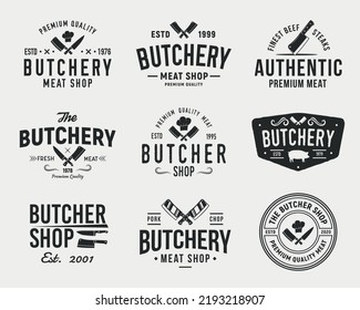 Butcher, Meat shop logo set. Set of 9 meat logo templates for Steak House, Meat shop, butchery emblems. Meat business logo templates. Trendy vintage hipster design. Vector illustration