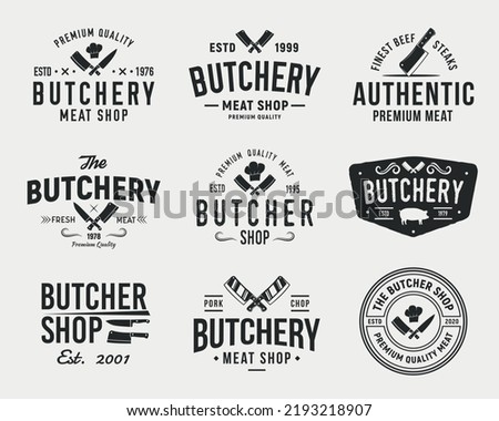 Butcher, Meat shop logo set. Set of 9 meat logo templates for Steak House, Meat shop, butchery emblems. Meat business logo templates. Trendy vintage hipster design. Vector illustration