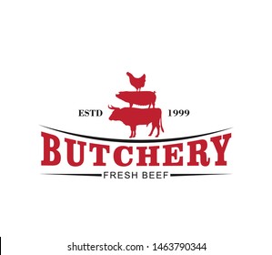 Butcher Meat Shop Product Logo Template With Cow, Pig, Hen Silhouette