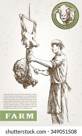 Butcher with meat. vector sketch made by hand