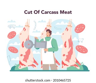 Butcher or meatman concept. Cuts from carcass meat. Fresh meat and semi-finished products with ham and sausages, beef and pork production. Meat market worker. Isolated vector illustration