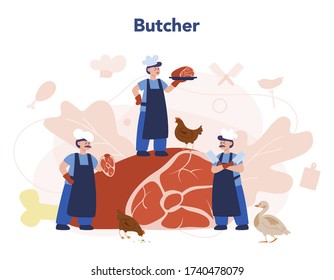 Butcher or meatman concept. Fresh meat and meat products with ham and sausages, beef and pork. Isolated vector illustration