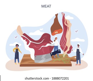 Butcher or meatman concept. Fresh meat and semi-finished products with ham and sausages, beef and pork. Meat market worker. Isolated vector illustration