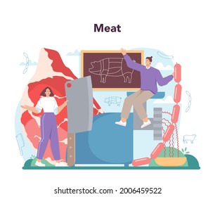 Butcher or meatman concept. Fresh meat and semi-finished products with ham and sausages, beef and pork production. Meat market worker. Isolated vector illustration