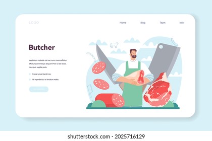 Butcher or meatman concept. Fresh meat and semi-finished products with ham and sausages, beef and pork production. Meat market worker. Isolated vector illustration