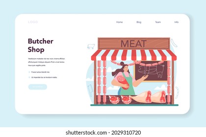 Butcher or meatman concept. Fresh meat and semi-finished products with ham and sausages, beef and pork production. Meat market worker. Isolated vector illustration