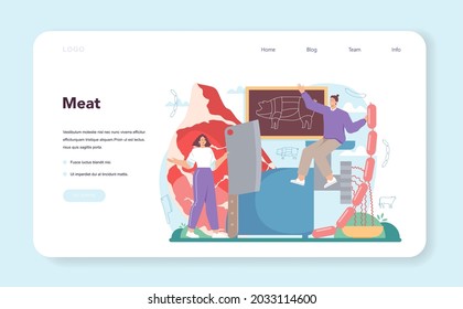 Butcher or meatman concept. Fresh meat and semi-finished products with ham and sausages, beef and pork production. Meat market worker. Isolated vector illustration