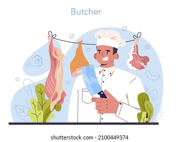 Butcher or meatman concept. Fresh meat and semi-finished products. Animal product market, slaughterhouse meat shop worker. Isolated vector illustration