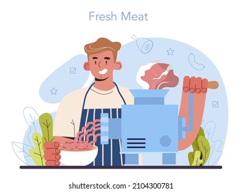 Butcher or meatman concept. Fresh meat and semi-finished products. Animal product market, slaughterhouse meat shop worker. Isolated vector illustration
