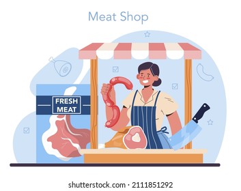 Metzger- oder Fleischmannkonzept. Frisches Fleisch und Halbzeug. Tierproduktmarkt, Schlachthof-Fleischhändler. Einzelne Vektorgrafik