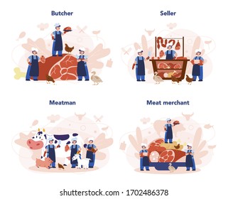 Butcher or meatman concept set. Fresh meat and meat products with ham and sausages, beef and pork. Isolated vector illustration