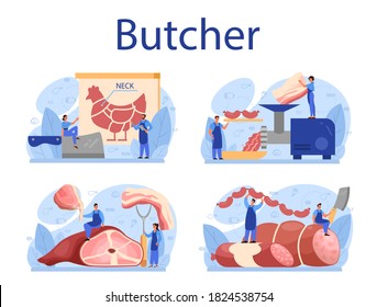 Butcher or meatman concept set. Fresh meat and meat products with ham and sausages, beef and pork. Meat market worker. Isolated vector illustration