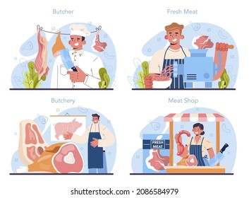 Butcher or meatman concept set. Fresh meat and semi-finished products. Animal product market, slaughterhouse meat shop worker. Isolated vector illustration