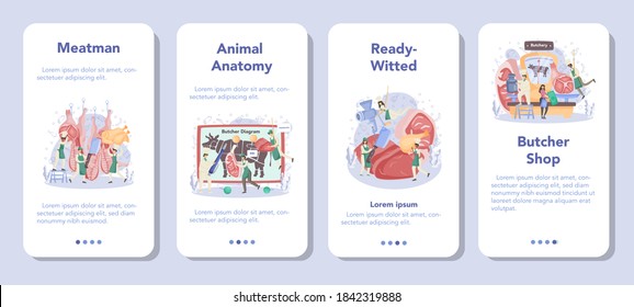 Butcher or meatman mobile application banner set. Fresh meat and semi-finished products with ham and sausages, beef and pork. Meat market worker. Isolated vector illustration