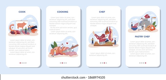 Juego de carnicero o carnicero de aplicación móvil. Carne fresca y productos semiacabados con jamón y salchichas, carne de res y cerdo. Trabajador del mercado de la carne. Ilustración vectorial aislada
